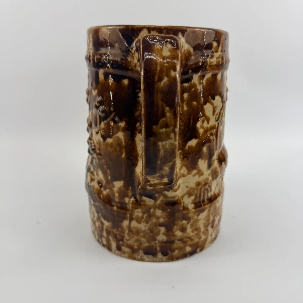 Antique Rockingham Glazed Yellowware Pitcher Brown Spongeware Relief Floral Jug